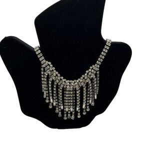 Vintage Rhinestone Silver Plated Dangling Statement Necklace Bling Unsigned